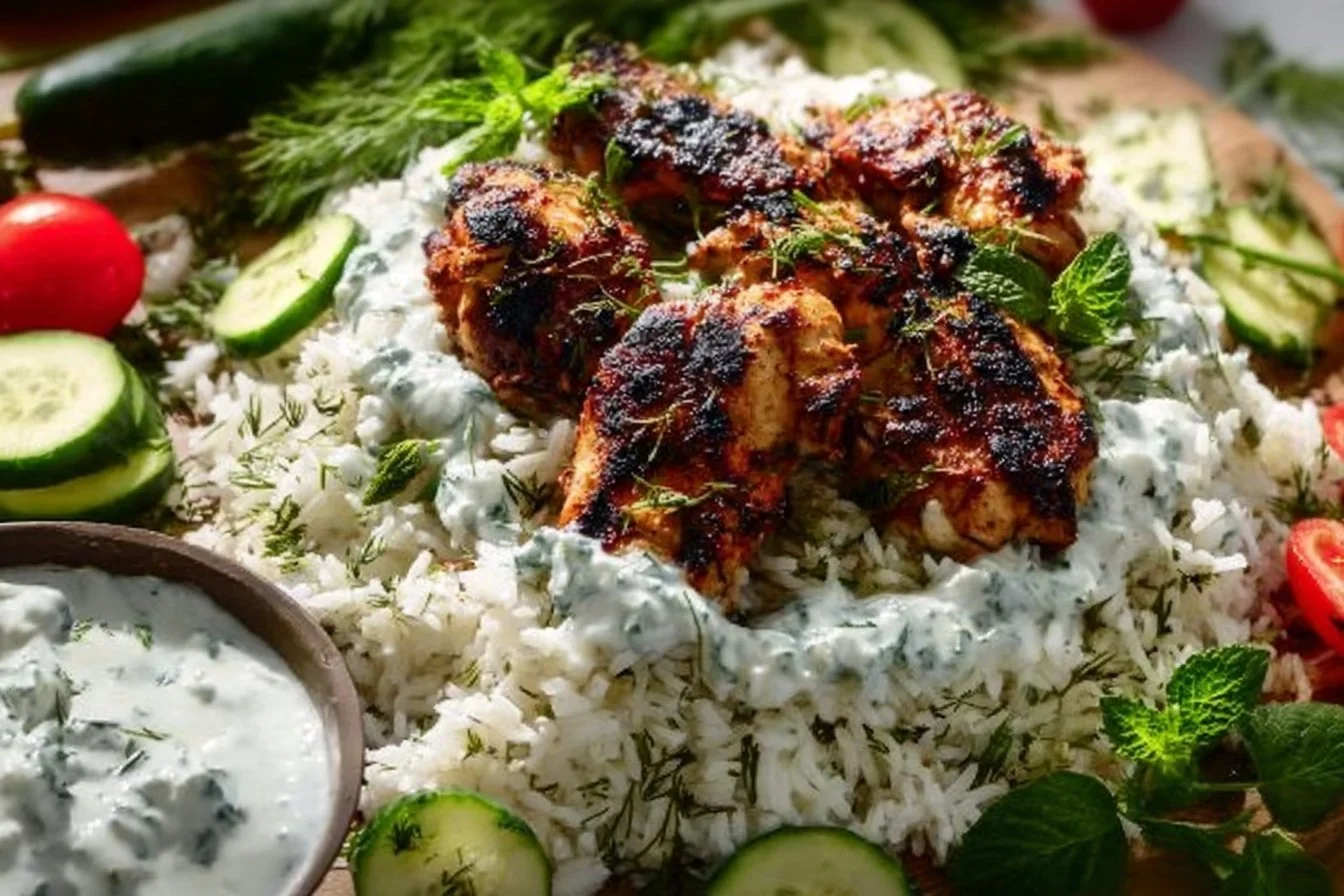 Delicious Dump-and-Bake Chicken Tzatziki served with rice