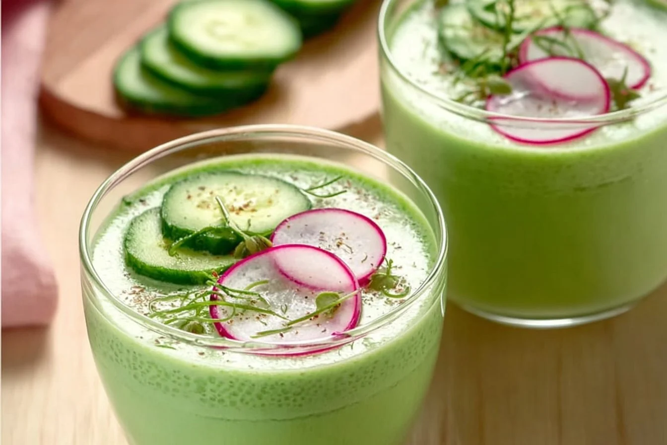 Bowl of easy cold cucumber soup garnished with herbs