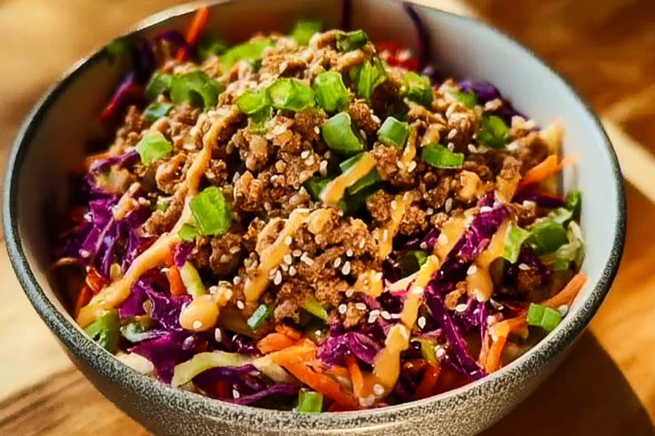 Bowl of easy egg roll ingredients and toppings ready to serve