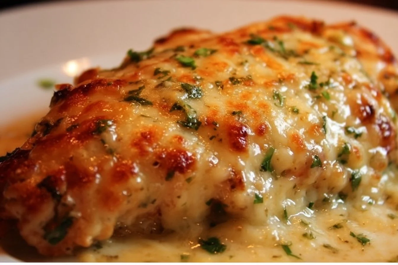 Delicious garlic parmesan chicken bake served with herbs and cheese