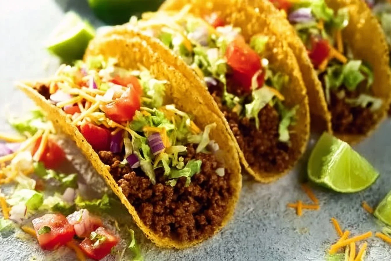 Easy Ground Beef Tacos 4 Easy ground beef tacos served on a plate with toppings