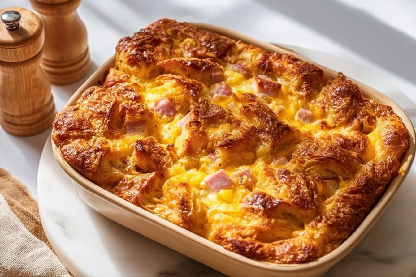 Ham and cheese croissant breakfast casserole ready to serve