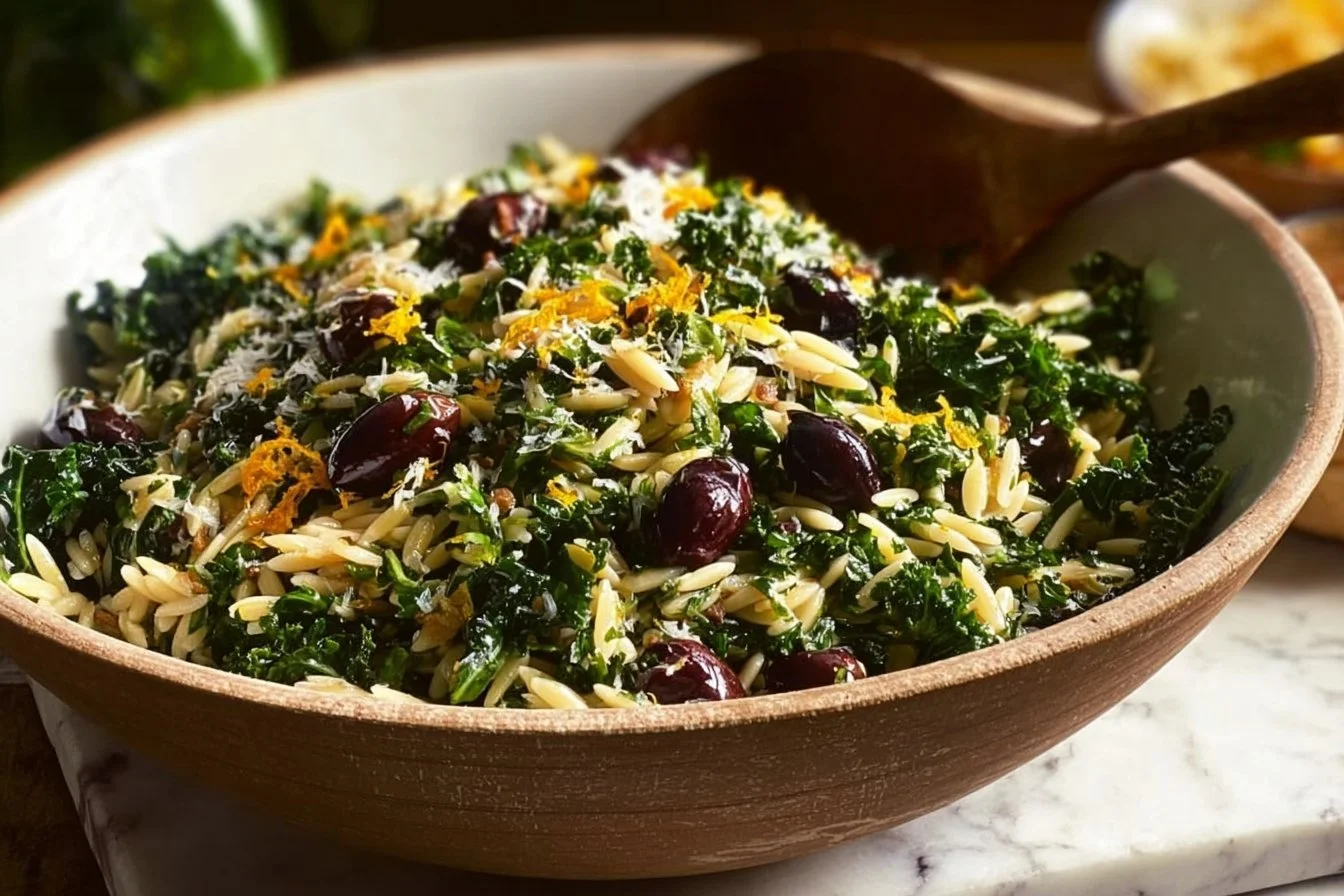 Easy Orzo Kale Salad with Lemon Vinaigrette 4 Easy orzo kale salad with lemon vinaigrette served in a bowl