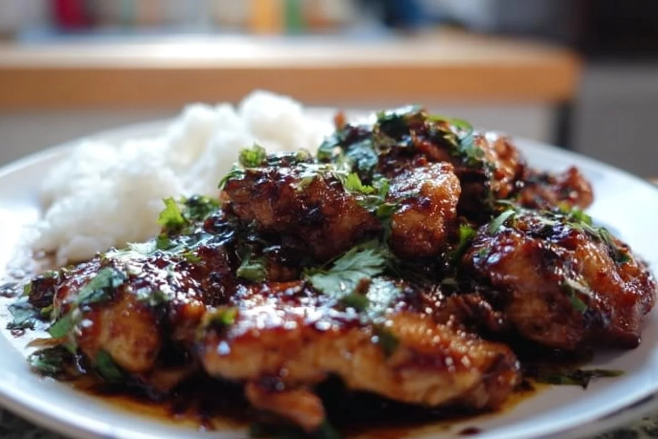 Easy Soy Garlic Chicken Thighs 4 Delicious soy garlic chicken thighs served with garnish.