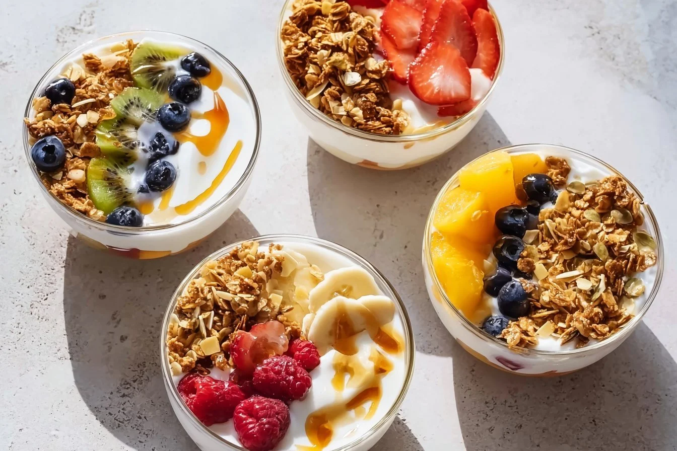 Delicious yogurt granola bowl topped with fresh fruits and nuts