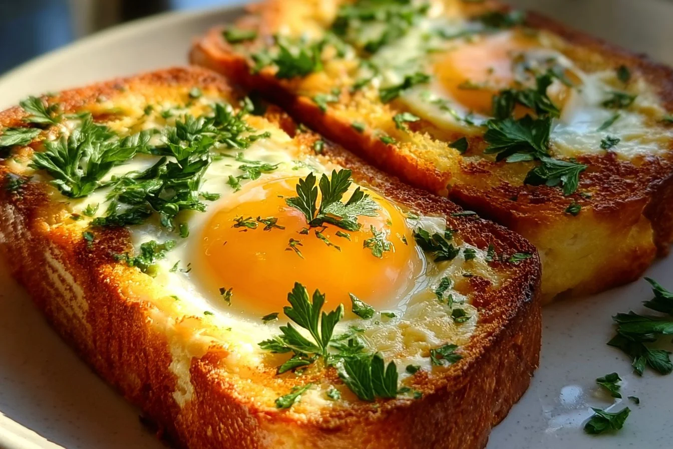 Egg and Cheese Toasts 4 Delicious egg and cheese toasts served on a wooden platter with fresh herbs