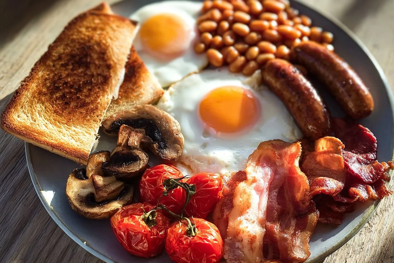 English Breakfast Platter 4 Delicious English Breakfast Platter with eggs, bacon, beans, and toast.