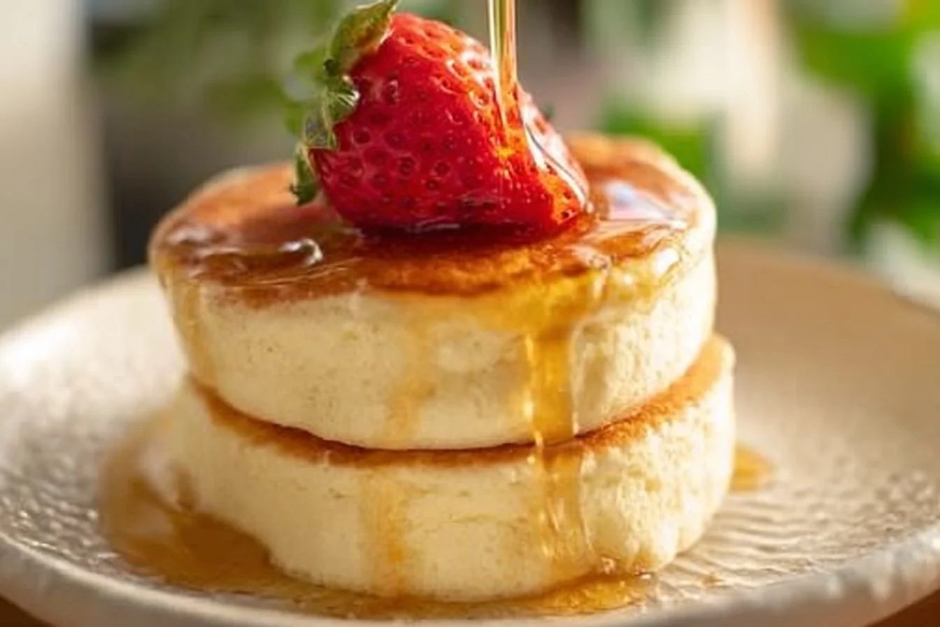 Fluffy Japanese soufflé pancakes topped with syrup and berries