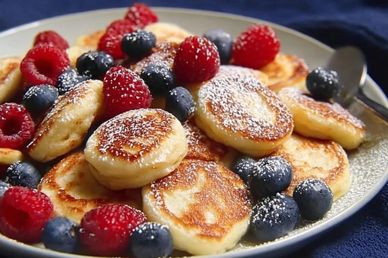 Fluffy Mini Pancakes 4 Fluffy mini pancakes stacked on a plate with syrup and fresh fruit