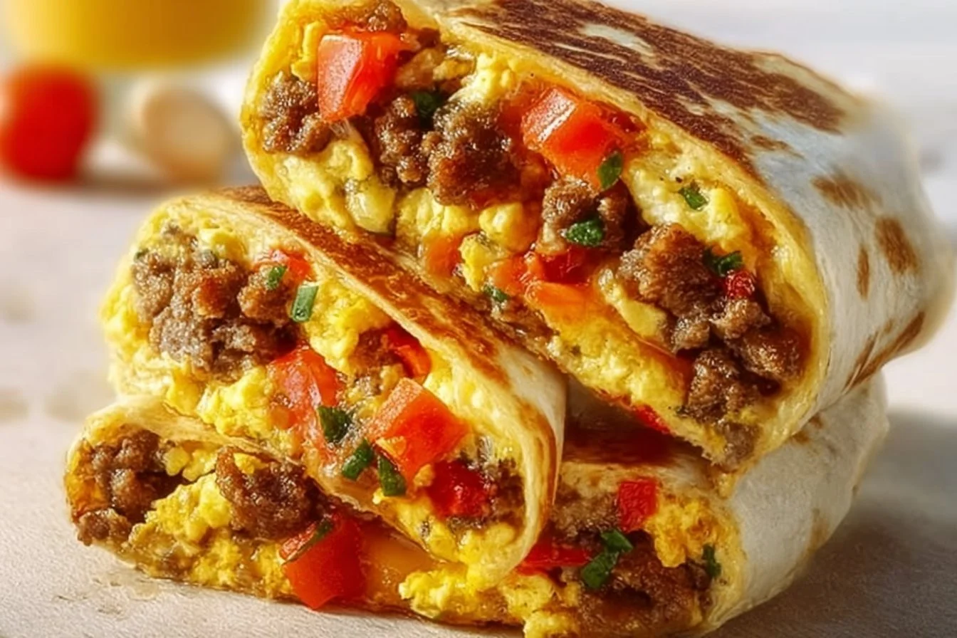 A stack of homemade freezer breakfast burritos ready for meal prep.