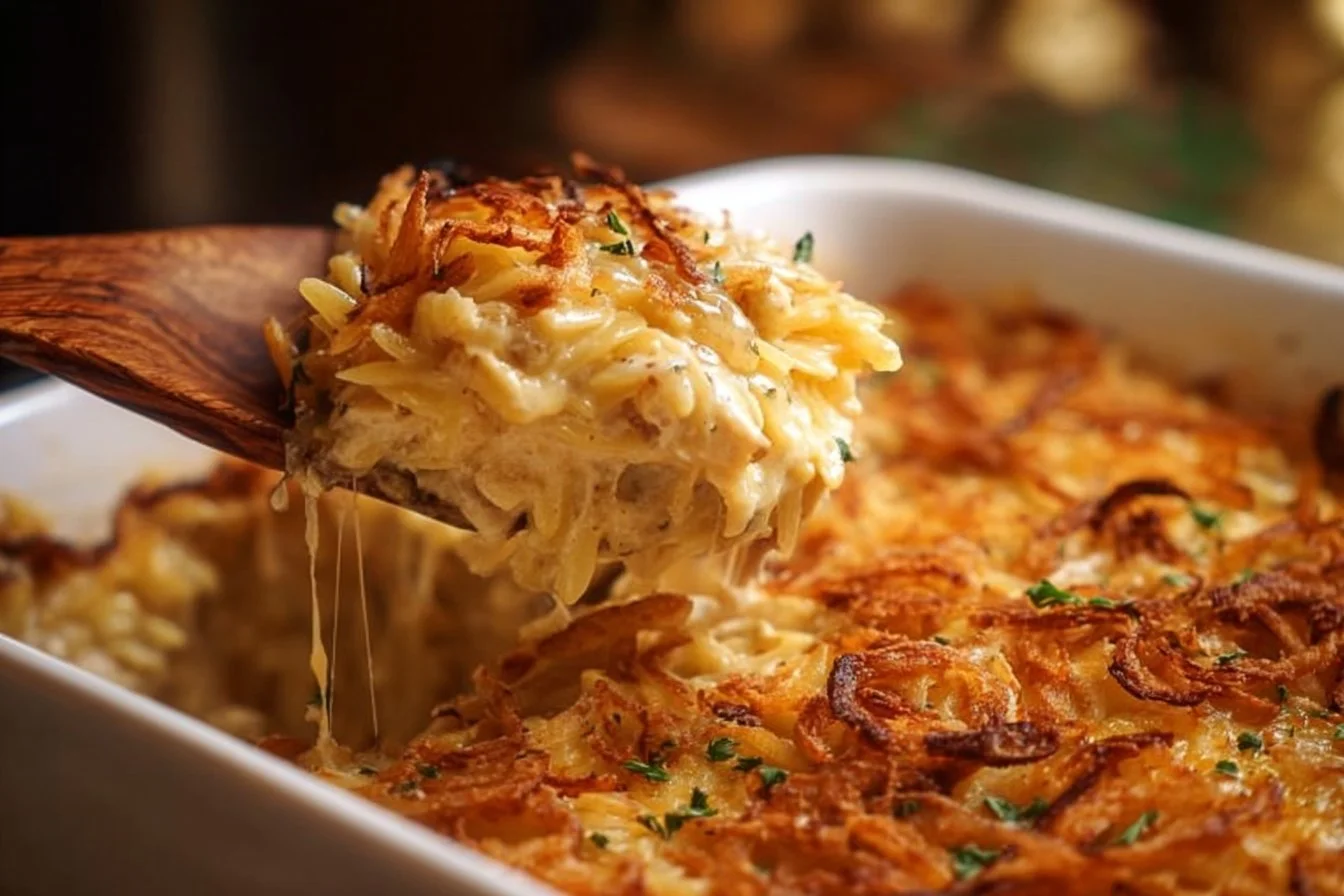 Delicious French onion chicken orzo casserole topped with melted cheese.