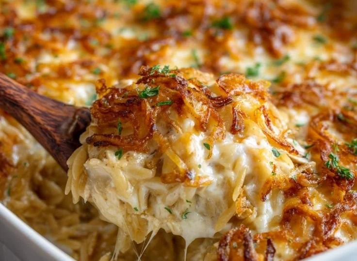 French Onion Chicken Orzo Casserole
