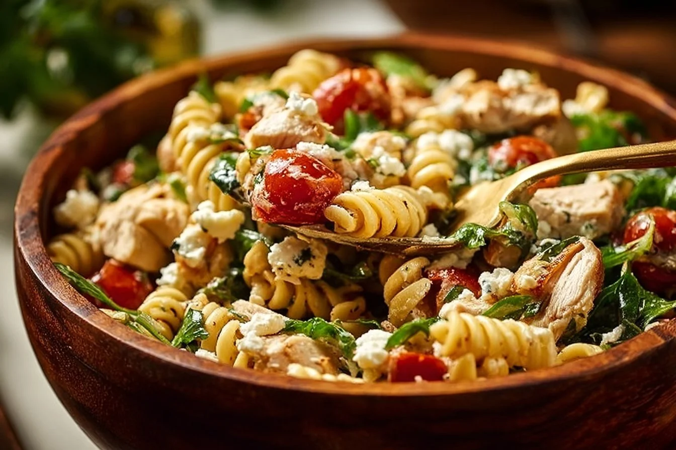 High protein Mediterranean Pasta Salad with fresh ingredients in a bowl