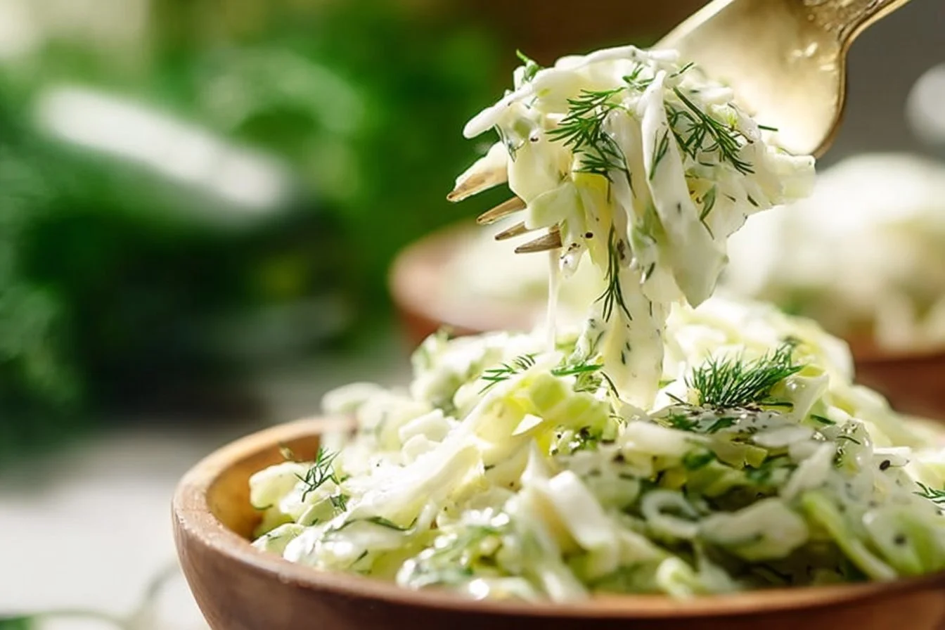 Garlic Dill Coleslaw Dressing in a bowl with fresh herbs and vegetables