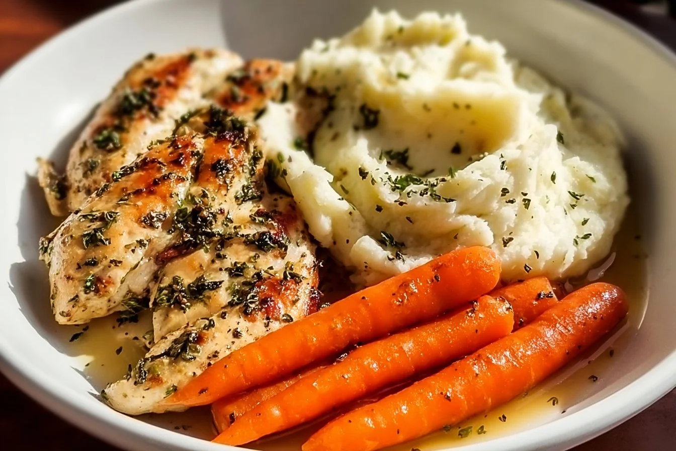 Plate of Garlic Herb Chicken with mashed potatoes and glazed carrots