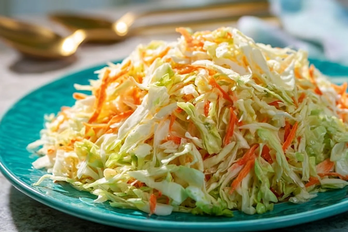 Bowl of gluten free coleslaw dressed with creamy homemade coleslaw dressing
