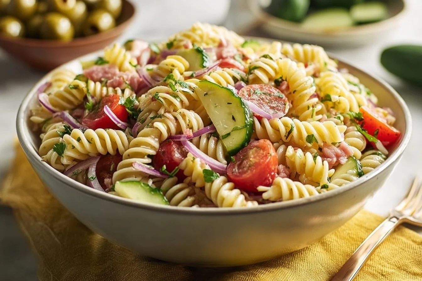 Colorful gluten-free high protein pasta salad with fresh vegetables