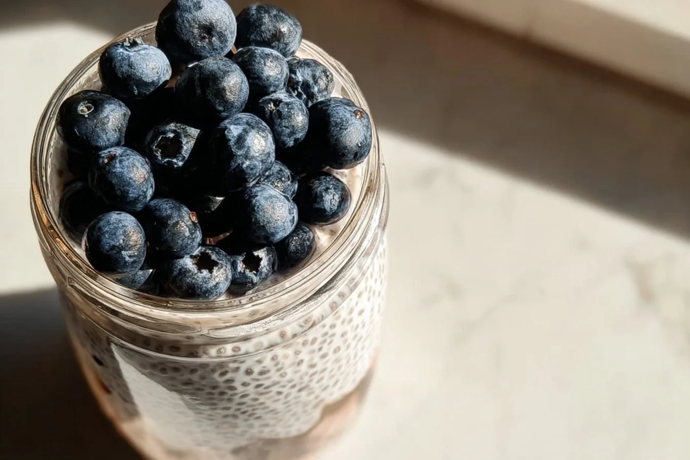 A bowl of Greek yogurt chia pudding topped with fresh fruits and nuts.