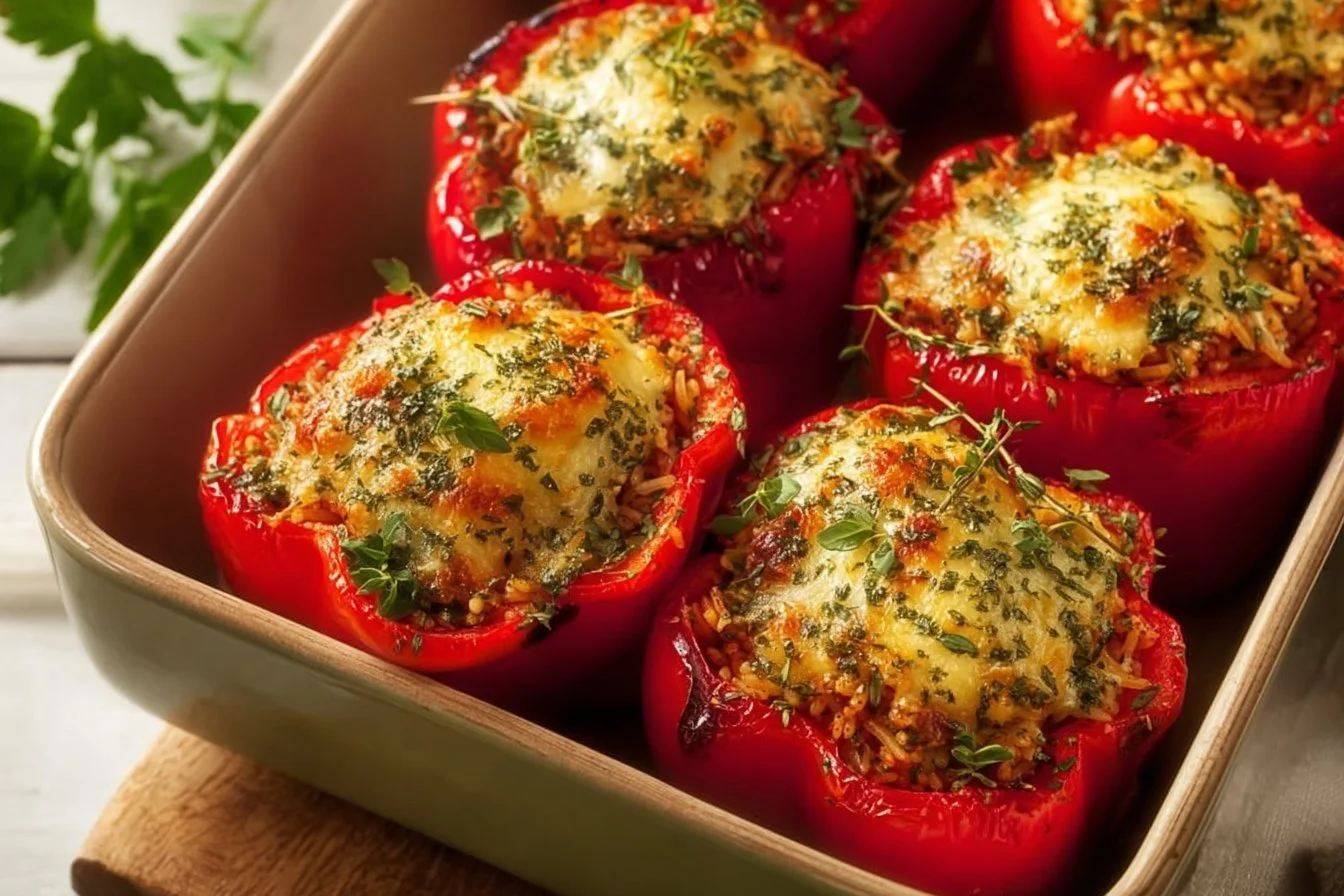 Ground Pork Stuffed Bell Peppers served on a plate