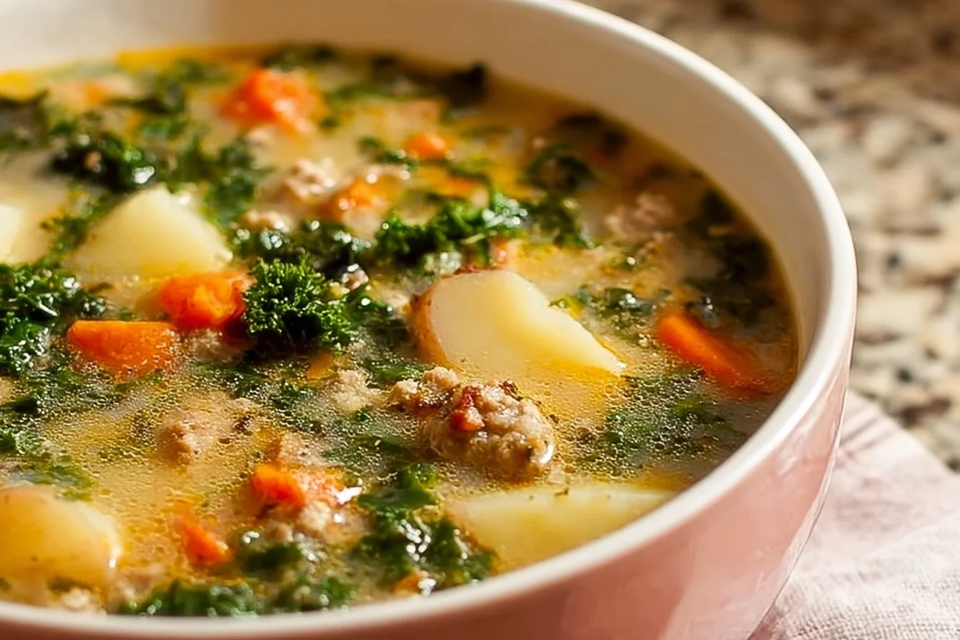 Ground Turkey Soup with Potatoes and Kale 4 Bowl of ground turkey soup with potatoes and kale, a healthy meal option