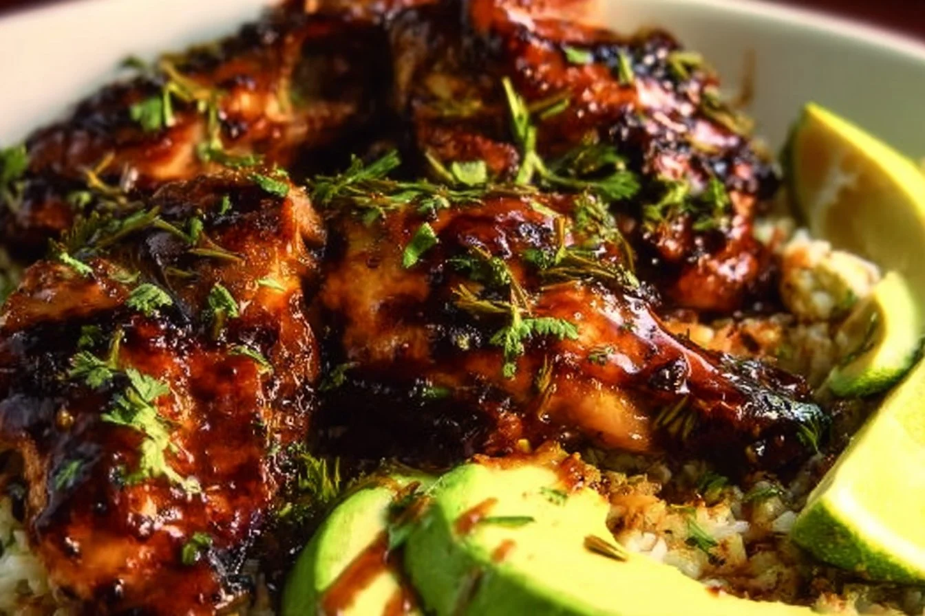 Hawaiian BBQ Chicken 4 Hawaiian BBQ chicken dish garnished with pineapple and herbs