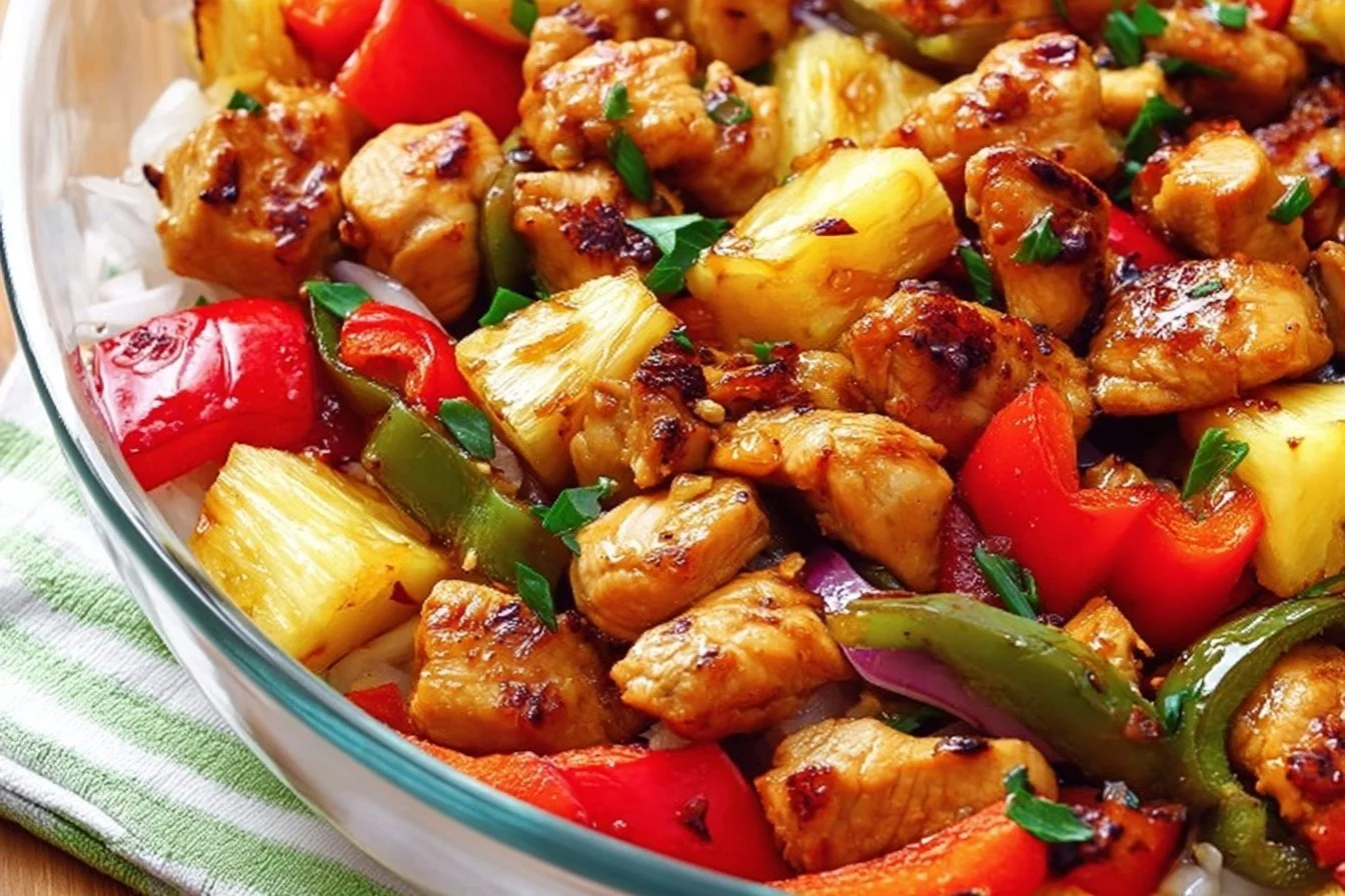 Hawaiian Chicken Sheet Pan with colorful vegetables and pineapple glaze