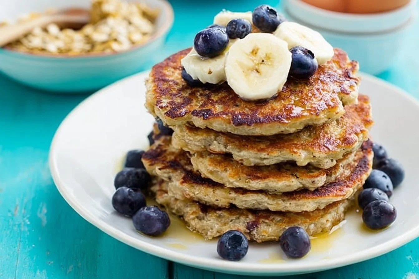 A stack of healthy banana oatmeal pancakes topped with fresh bananas and syrup