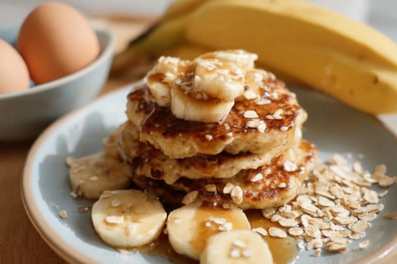 Stack of healthy banana oatmeal pancakes topped with sliced bananas and syrup