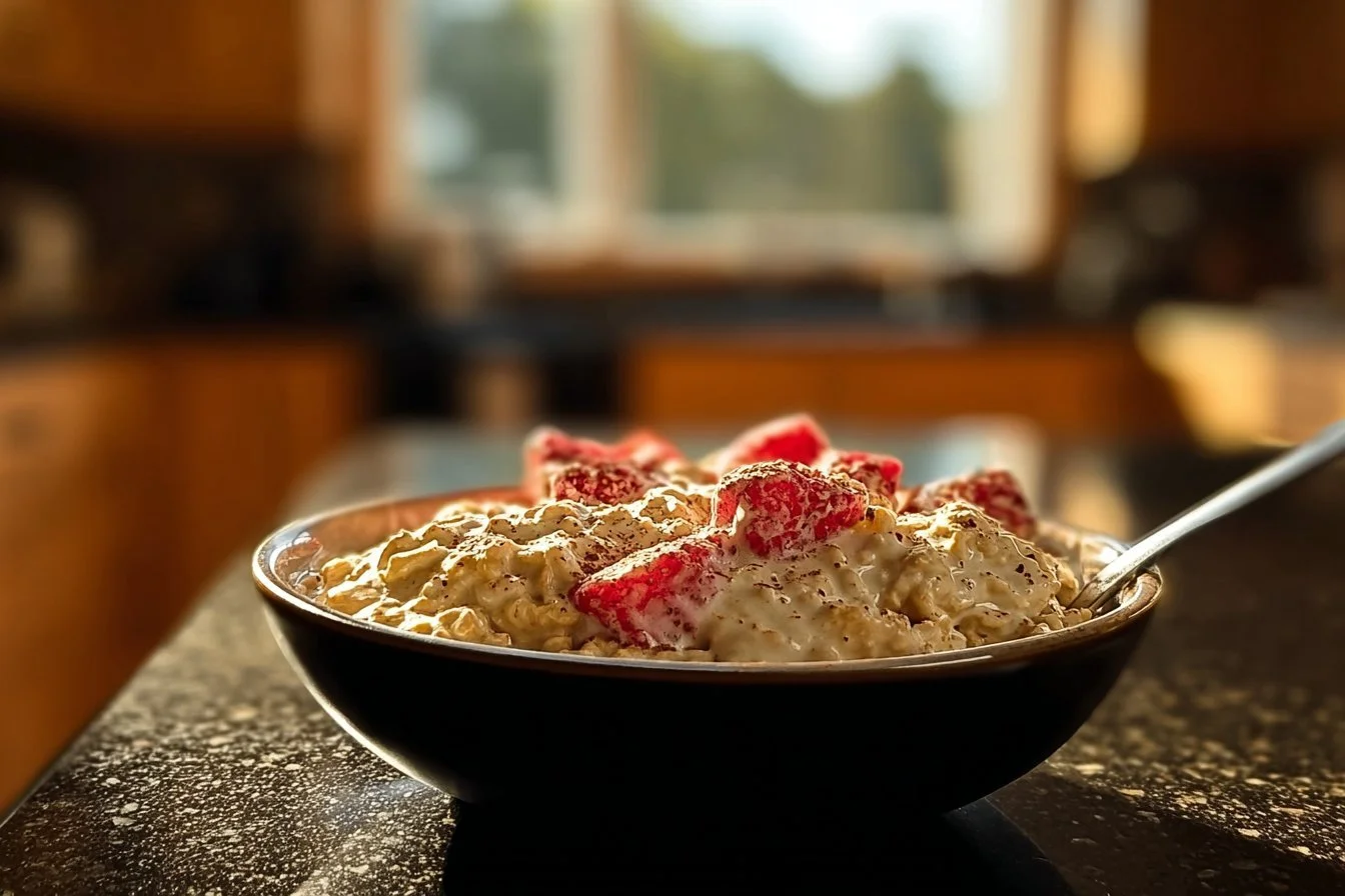 Healthy breakfast bowl with overnight oats and scrambled eggs