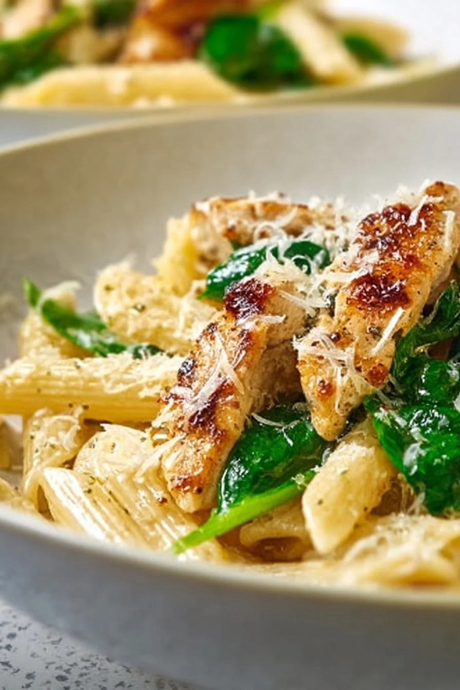 Healthy garlic parmesan chicken pasta dish with herbs and spices