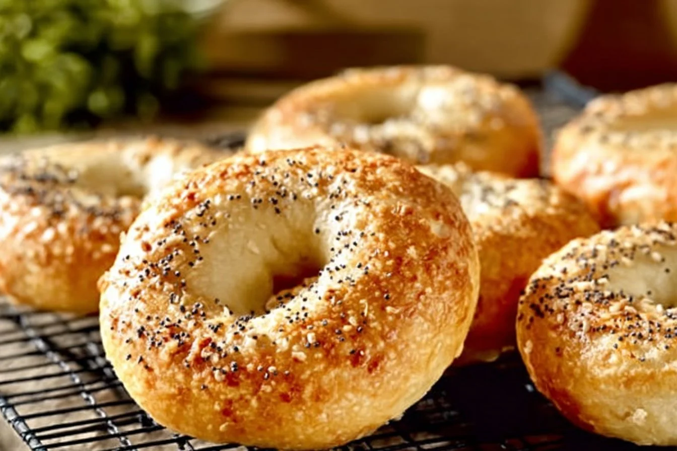 Homemade healthy Greek yogurt bagels topped with sesame seeds