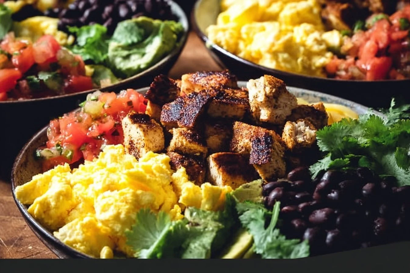 Healthy high-protein breakfast burrito bowl with fresh ingredients and toppings