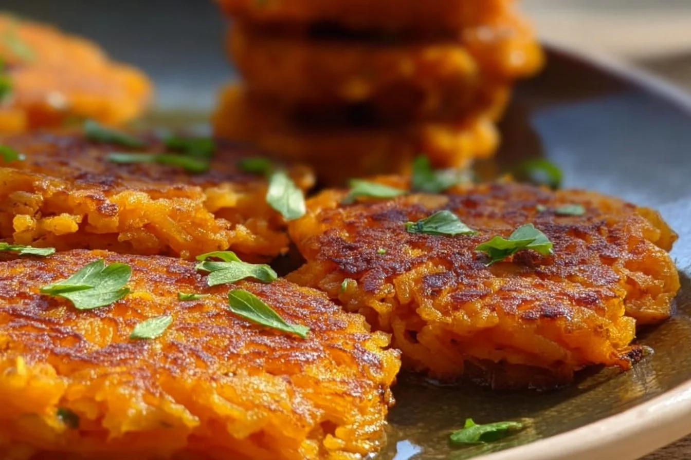 Plate of healthy sweet potato hash browns with herbs and spices