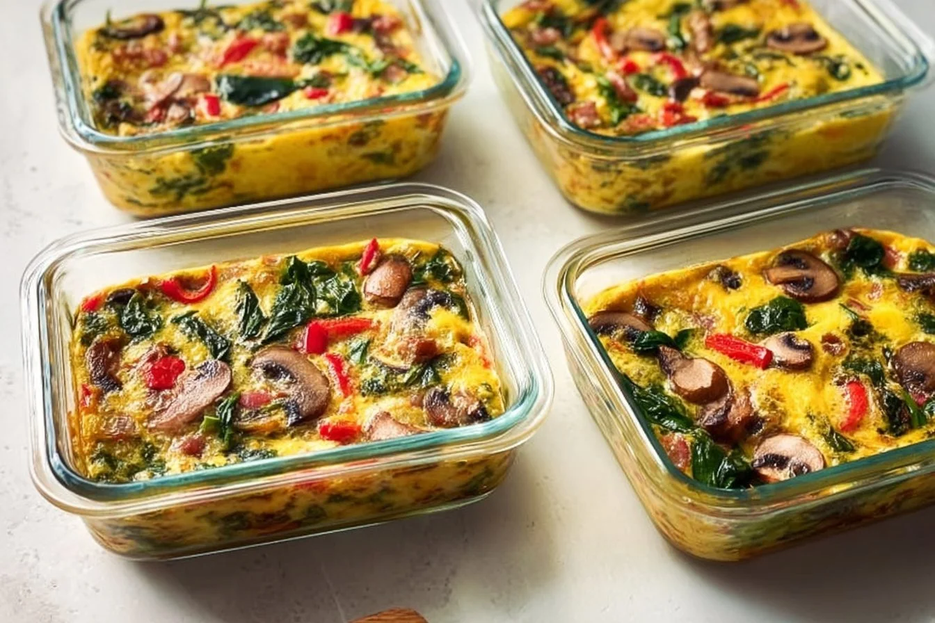 Healthy vegetable egg scramble with colorful vegetables in a pan.