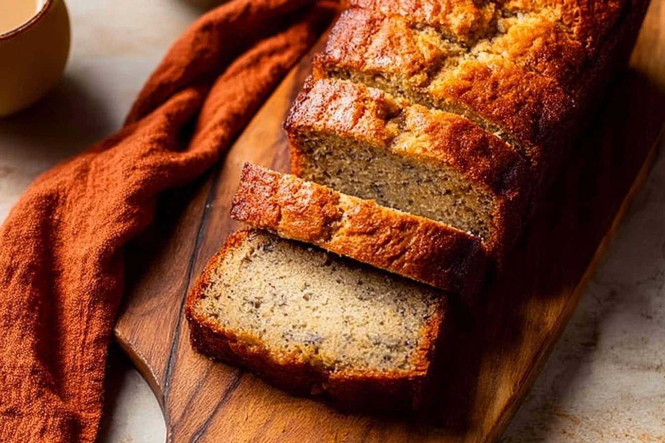 High Altitude Banana Bread 4 Delicious high altitude banana bread loaf on a wooden table