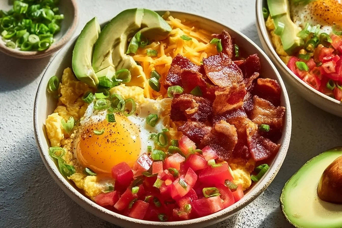 High Protein Breakfast Bowls 4 Colorful high protein breakfast bowls with eggs, quinoa, and fresh vegetables
