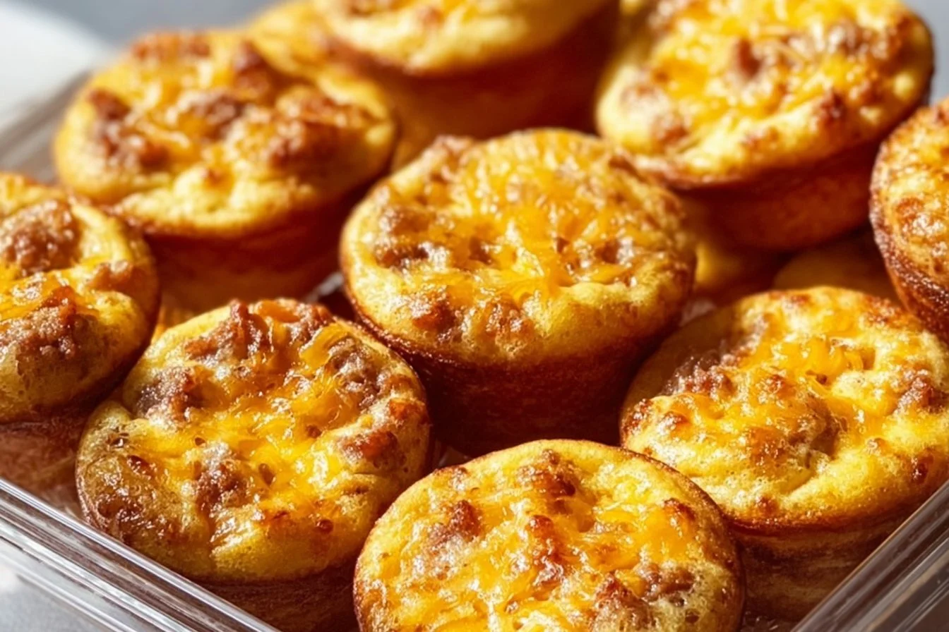 High-Protein Pancake Sausage Mini Muffins 4 High-protein pancake sausage mini muffins with syrup on a plate