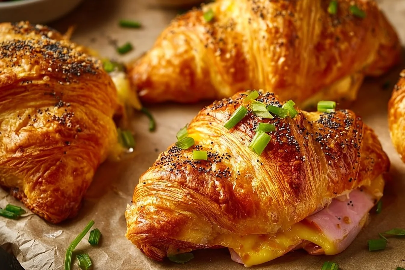 Freshly baked homemade ham and cheese croissants on a plate