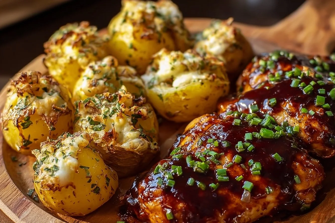 Honey BBQ Chicken served with Garlic Parmesan Potatoes on a dinner plate