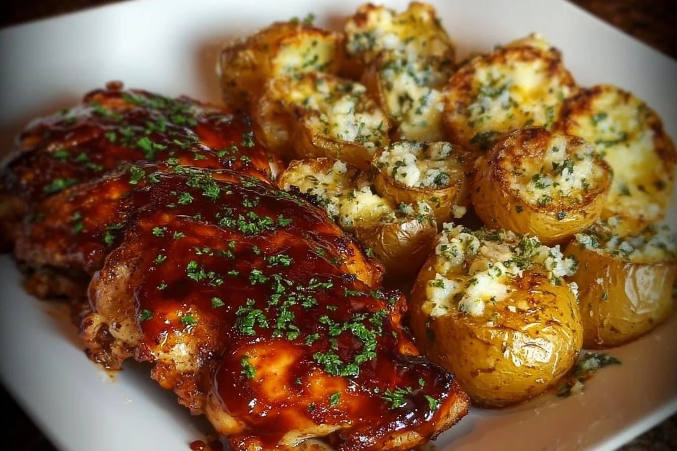 Honey BBQ Chicken with Garlic Parmesan Potatoes 1 Plate of Honey BBQ Chicken with Garlic Parmesan Potatoes garnished with fresh herbs.