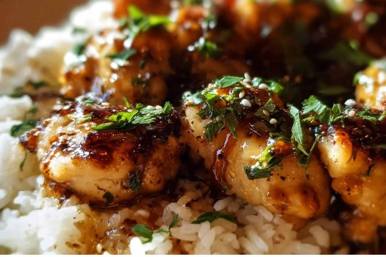 Delicious Honey Garlic Chicken Breasts served on a plate with herbs