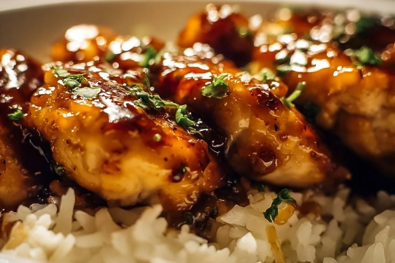 Honey Garlic Chicken Breasts served on a white plate with garnish.
