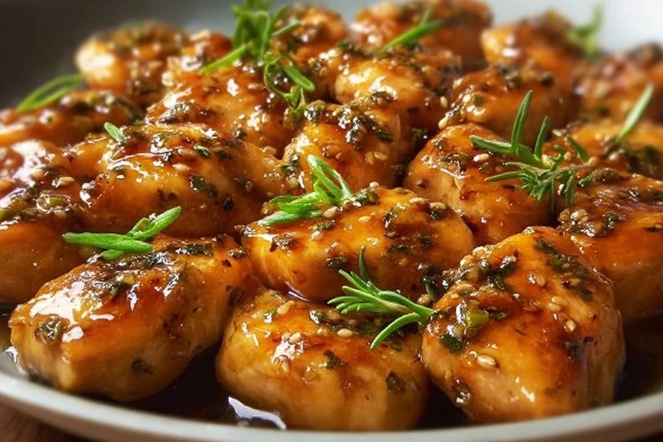 Delicious Honey Garlic Chicken Breasts served on a plate with garnishes.