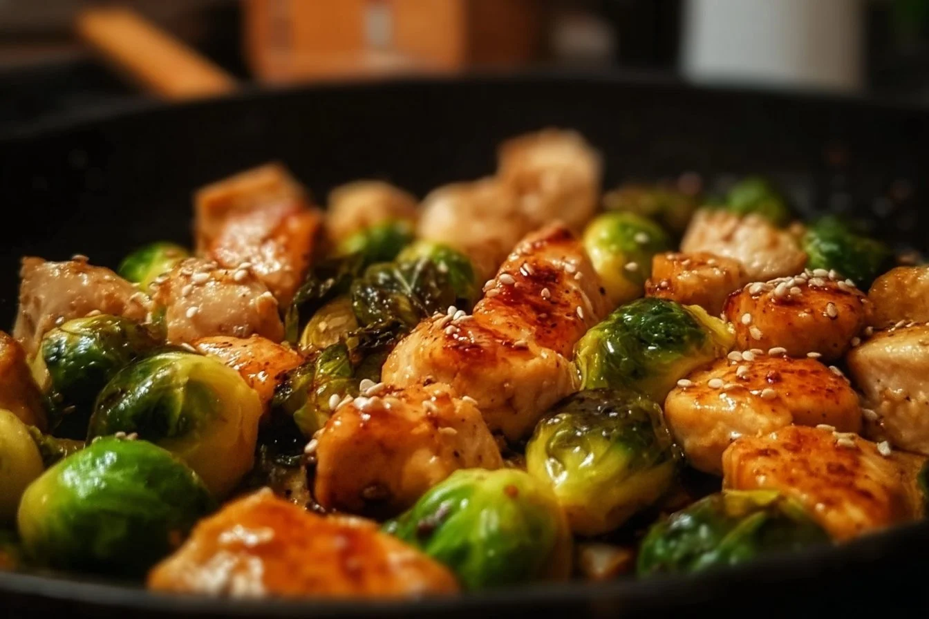Delicious Honey-Garlic Chicken served with Brussels sprouts in a skillet