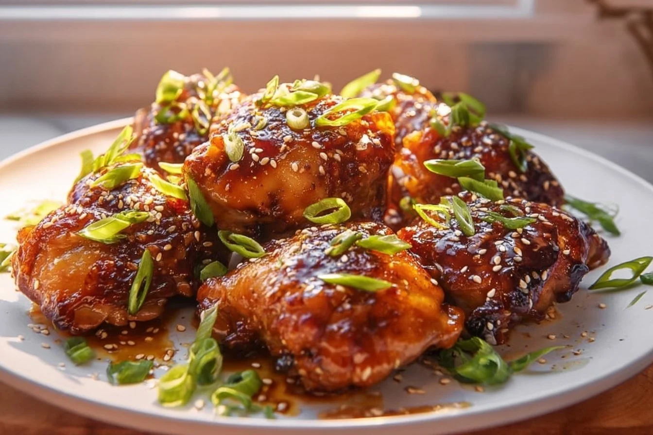 Honey Garlic Chicken Thighs 4 Honey Garlic Chicken Thighs garnished with green onions and sesame seeds.