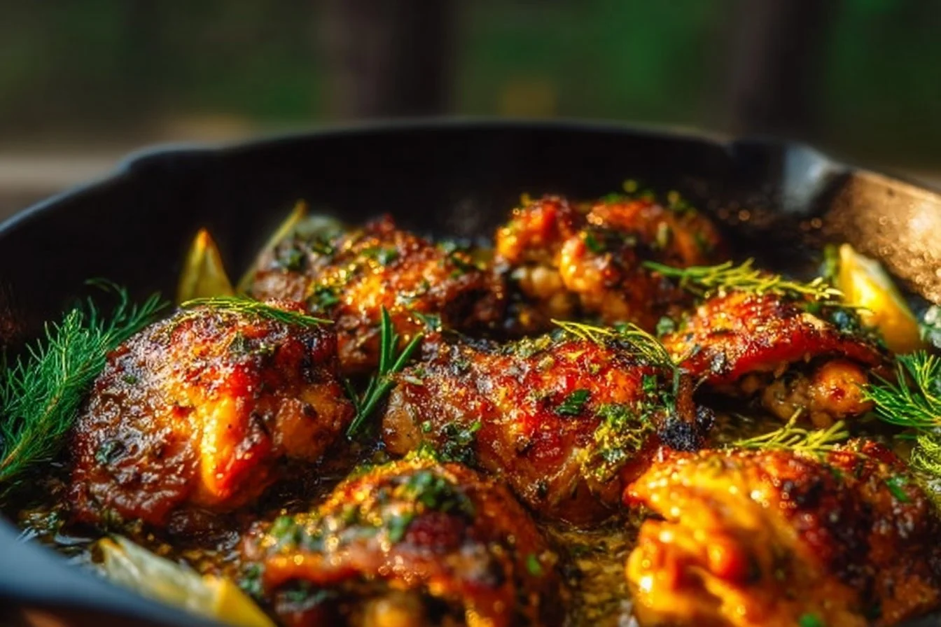 Honey Garlic Chicken Thighs 5 Delicious Honey Garlic Chicken Thighs drizzled with sweet sauce, served on a plate.