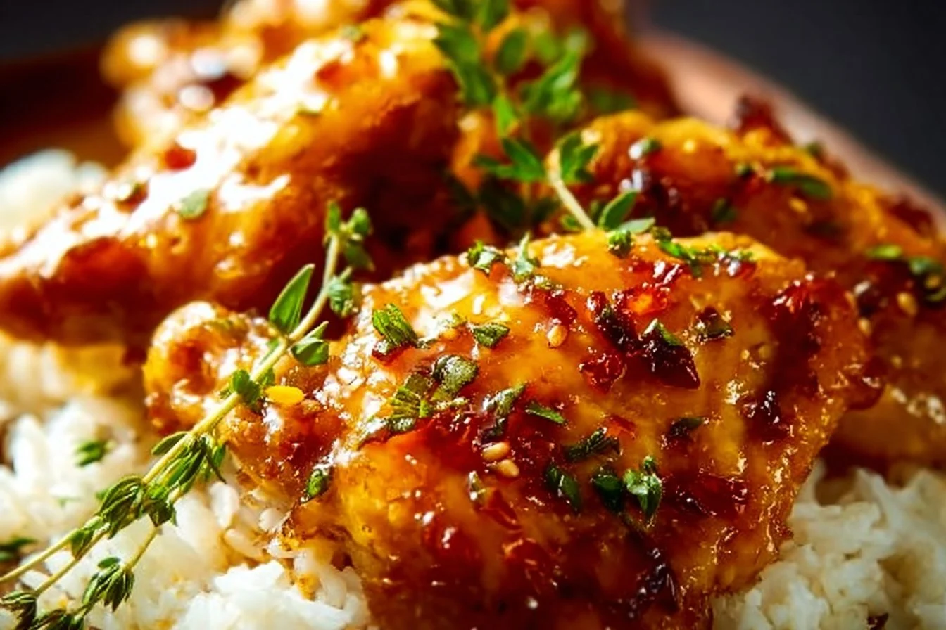 Delicious honey garlic chicken thighs served on a plate
