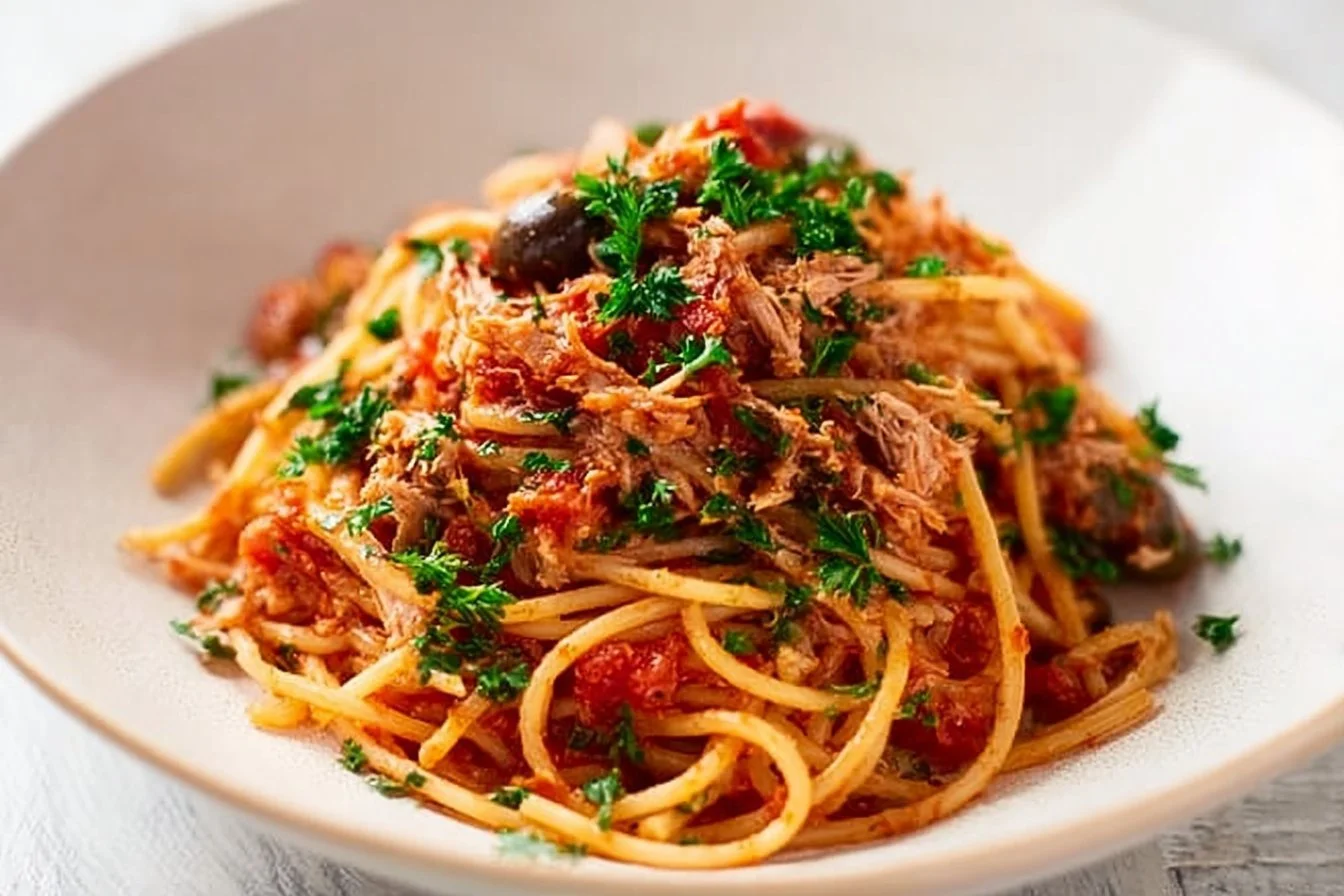 Plate of Italian Pasta Puttanesca with Tuna garnished with fresh herbs