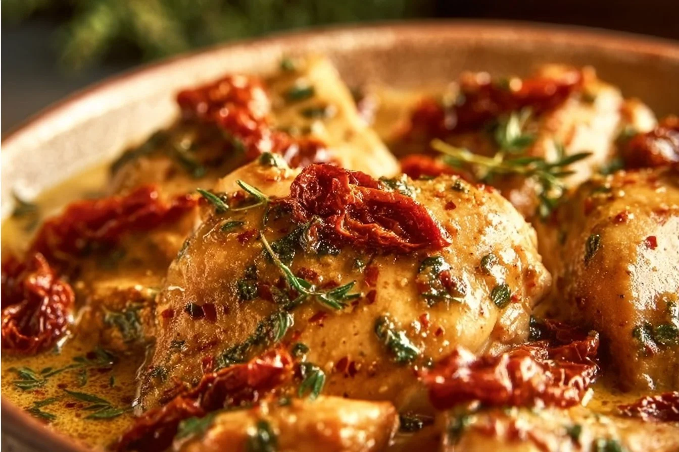 Juicy Marry Me Chicken 4 Delicious and juicy Marry Me Chicken recipe served on a plate with herbs.
