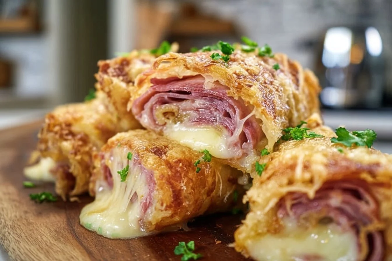 Keto Crispy Reuben Roll-Ups on a plate garnished with herbs